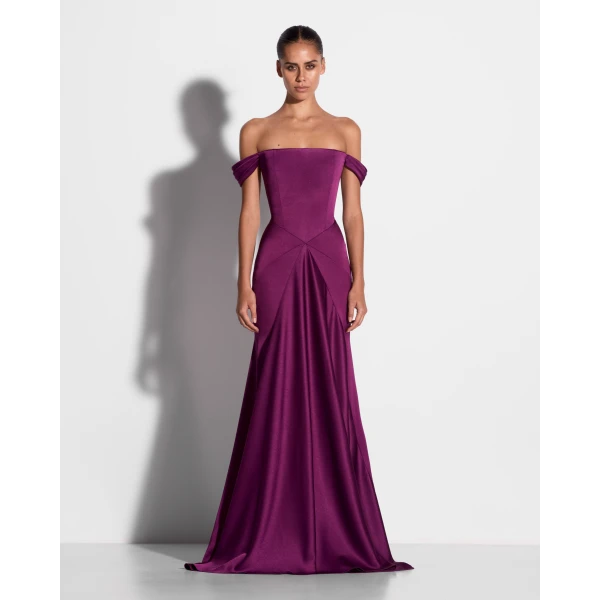Alex Perry Off Shoulder Panelled Gown in Satin Crepe, Plum, view 2