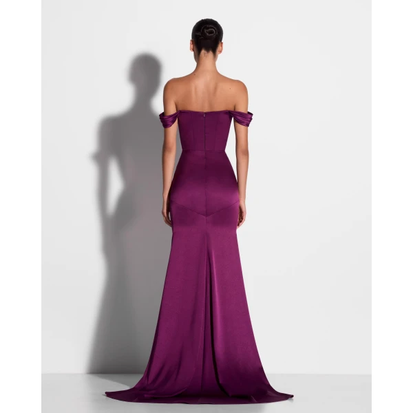 Alex Perry Off Shoulder Panelled Gown in Satin Crepe, Plum, view 3