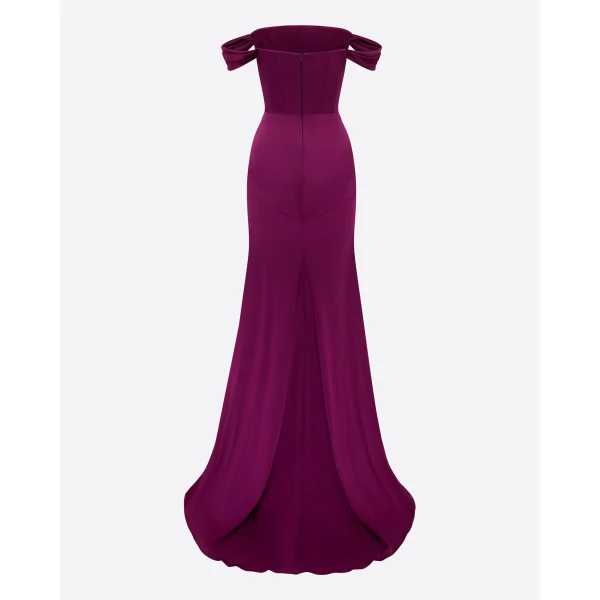 Alex Perry Off Shoulder Panelled Gown in Satin Crepe, Plum, view 4