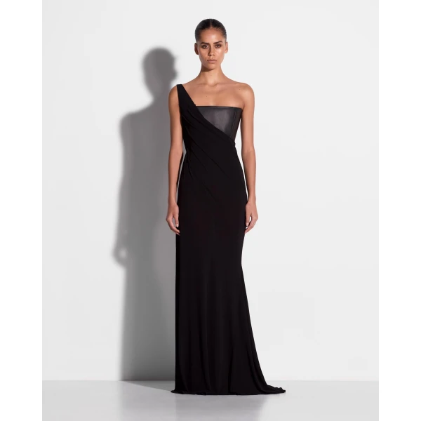 Alex Perry One Shoulder Asymmetric Gown in Leather & Jersey, Black, view 2