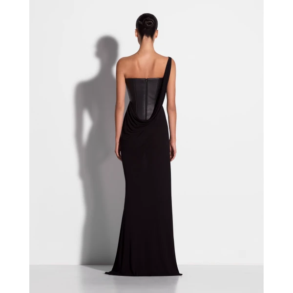 Alex Perry One Shoulder Asymmetric Gown in Leather & Jersey, Black, view 3