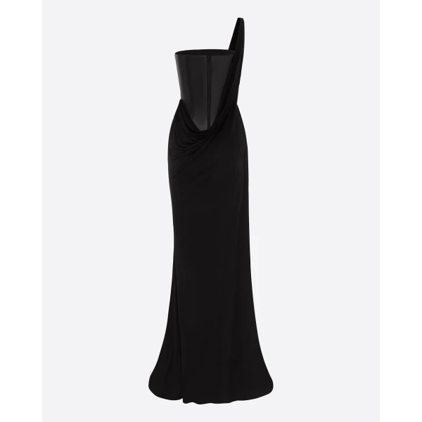 Alex Perry One Shoulder Asymmetric Gown in Leather & Jersey, Black, view 4