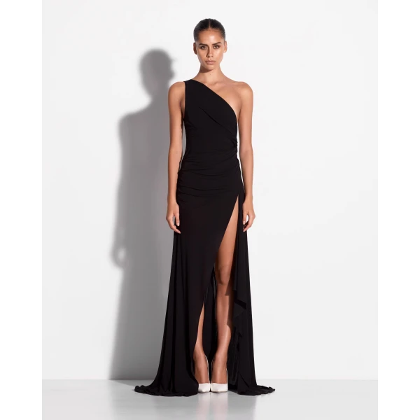 Alex Perry One Shoulder Drape Gown in Dry Jersey, Black, view 2