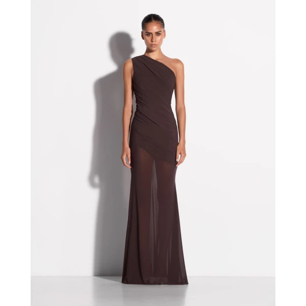 Alex Perry One Shoulder Tucked Gown in Stretch Mesh, Smoke, view 2