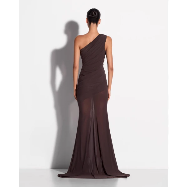 Alex Perry One Shoulder Tucked Gown in Stretch Mesh, Smoke, view 3