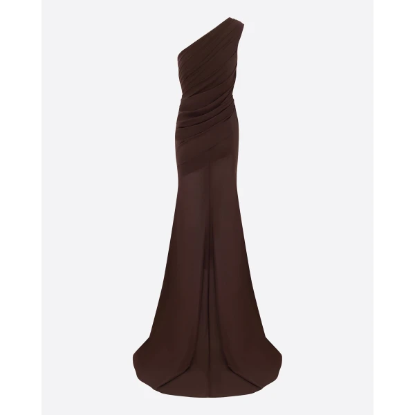 Alex Perry One Shoulder Tucked Gown in Stretch Mesh, Smoke, view 4