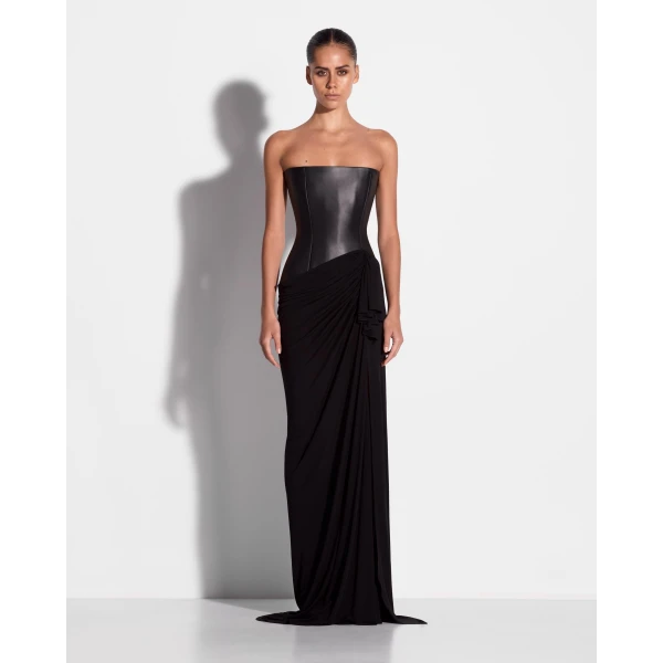 Alex Perry Strapless Asymmetric Gown in Leather & Jersey, Black, view 2