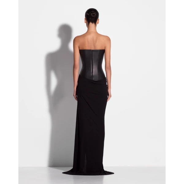 Alex Perry Strapless Asymmetric Gown in Leather & Jersey, Black, view 3