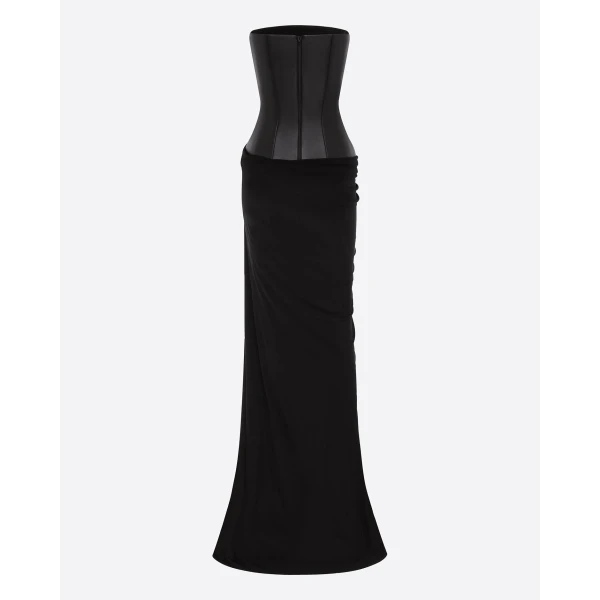 Alex Perry Strapless Asymmetric Gown in Leather & Jersey, Black, view 4