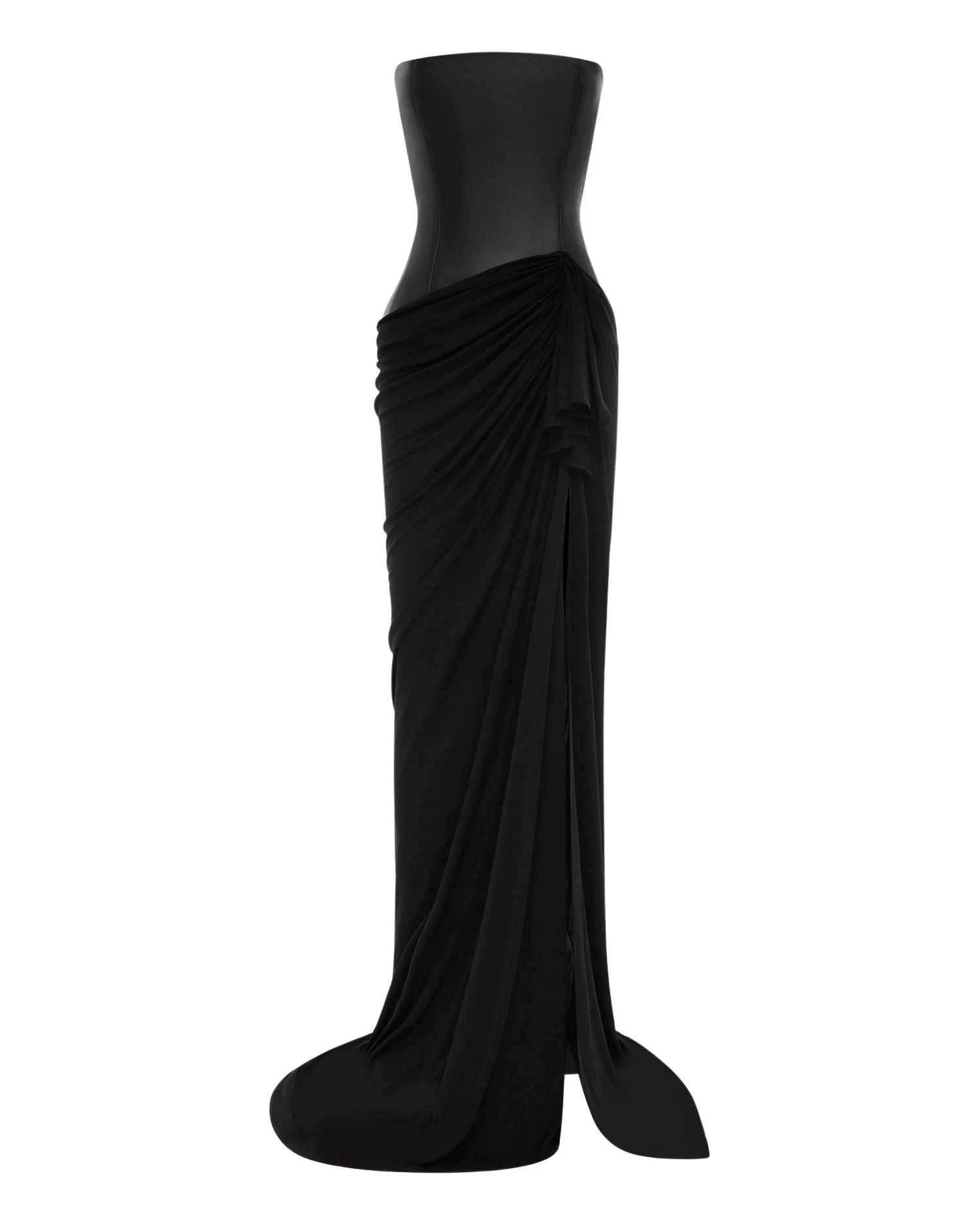 Alex-Perry-Strapless-Asymmetric-Gown-in-Leather-Jersey-Black93557_nobg Alex Perry Strapless Asymmetric Gown in Leather & Jersey, Black