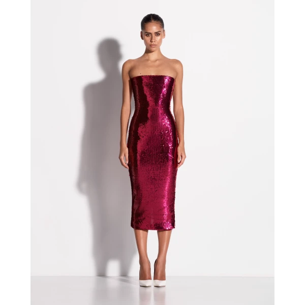 Alex Perry Strapless Dress in Sequin Mesh, Raspberry, view 2