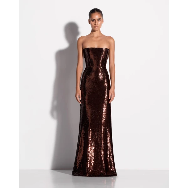 Alex Perry Strapless Gown in Sequin Mesh, Chocolate, view 2