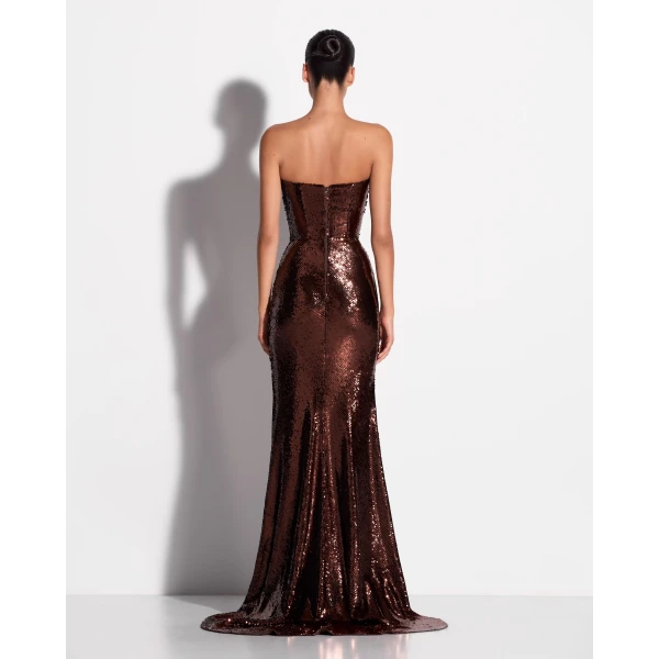 Alex Perry Strapless Gown in Sequin Mesh, Chocolate, view 3
