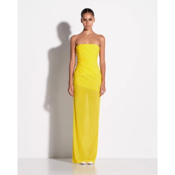 Alex Perry Strapless Tucked Column in Stretch Mesh, Yellow Dress, view 2