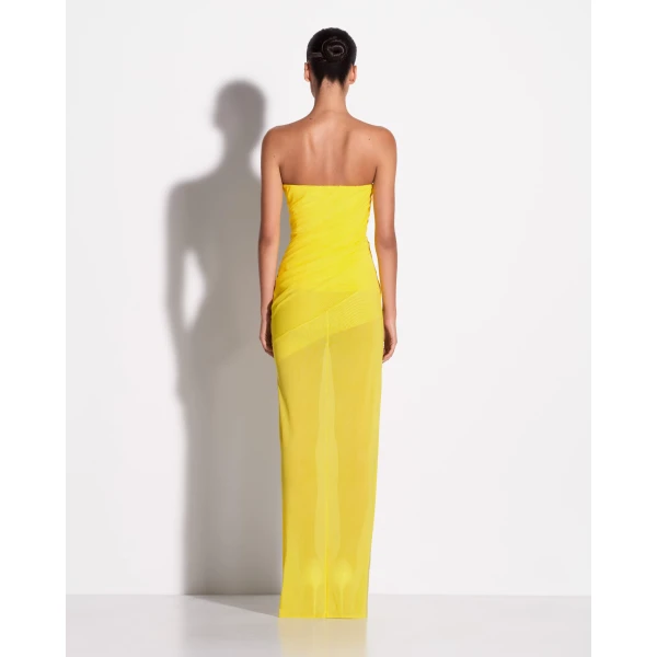 Alex Perry Strapless Tucked Column in Stretch Mesh, Yellow Dress, view 3
