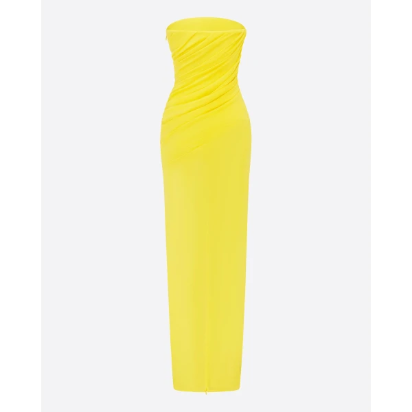 Alex Perry Strapless Tucked Column in Stretch Mesh, Yellow Dress, view 4