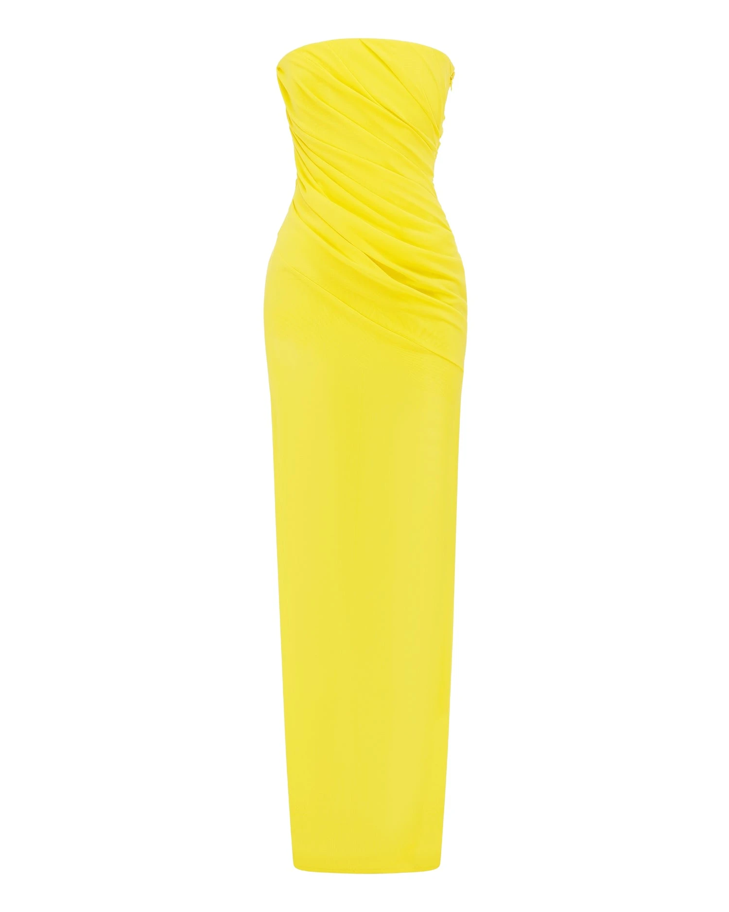 Alex Perry Strapless Tucked Column in Stretch Mesh, Yellow Dress