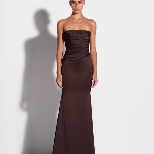 Alex Perry Strapless Tucked Gown in Satin Crepe, Cacao, view 2