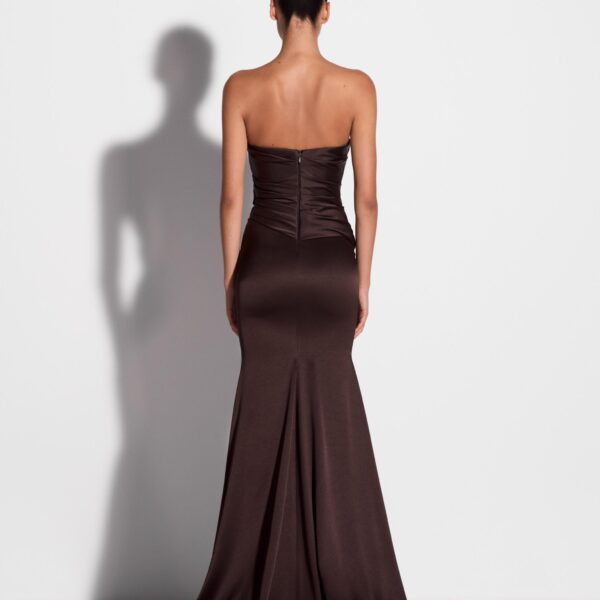 Alex Perry Strapless Tucked Gown in Satin Crepe, Cacao, view 3
