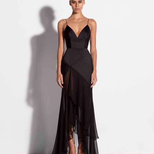Alex Perry Tiered Bikini Gown in Silk Satin, Black, view 2
