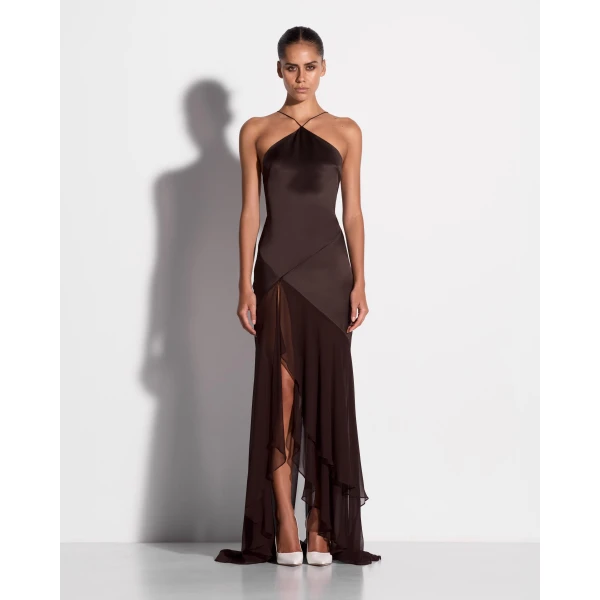 Alex Perry Tiered Halter Gown in Silk Satin, Cacao, view 2