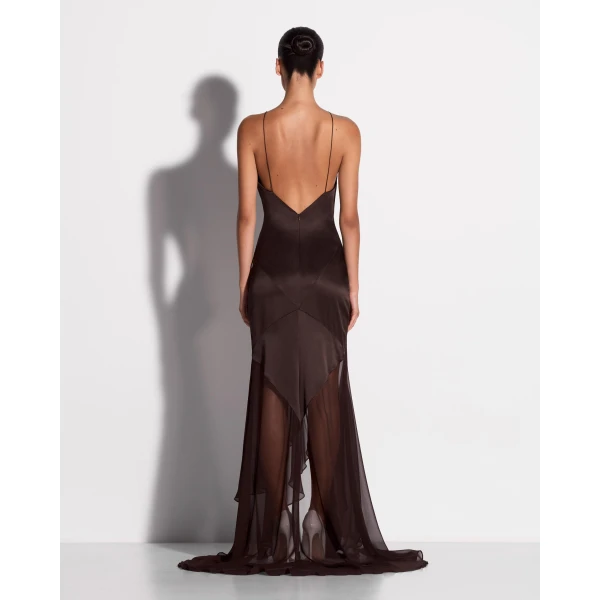 Alex Perry Tiered Halter Gown in Silk Satin, Cacao, view 3