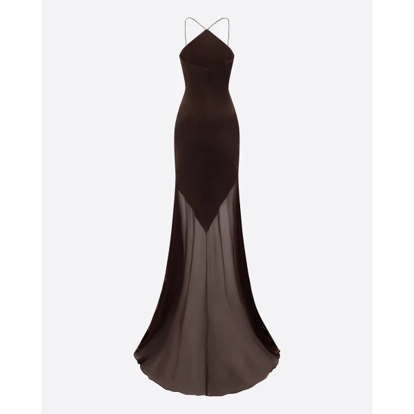 Alex Perry Tiered Halter Gown in Silk Satin, Cacao, view 4