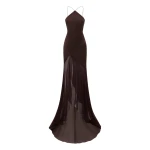 Alex Perry Tiered Halter Gown in Silk Satin, Cacao