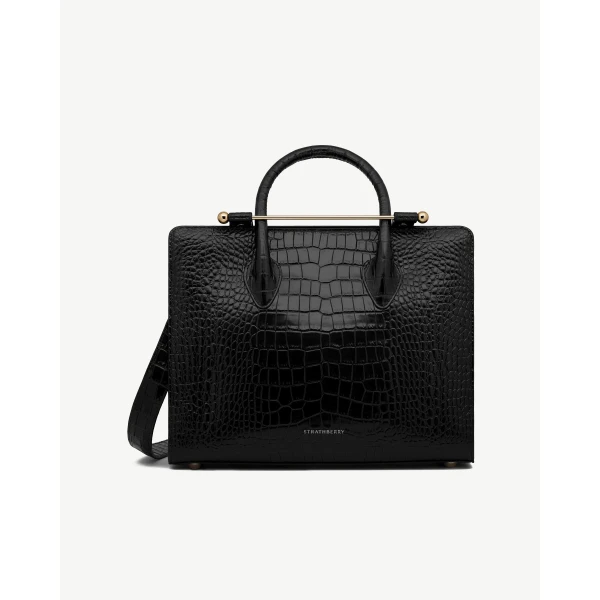 Strathberry Midi Tote in Croc-embossed Leather Black, view 2