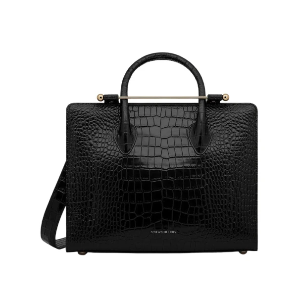 Strathberry Midi Tote in Croc-embossed Leather Black