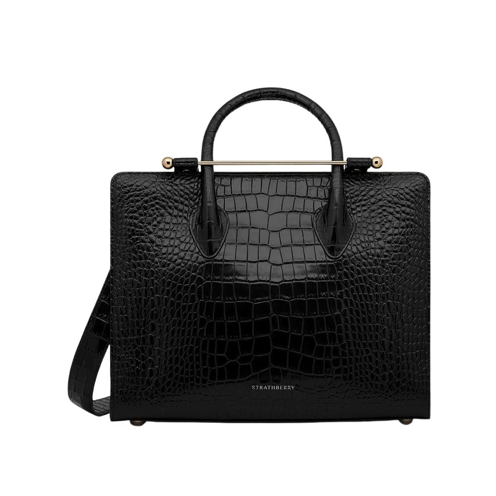Black-Midi-Tote-in-Croc-embossed-Leather-Black72772_nobg Strathberry Midi Tote in Croc-embossed Leather Black
