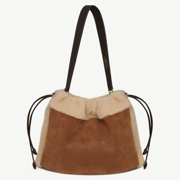 Strathberry Charlotte Midi Drawstring in Tan Suede/shearling, view 2
