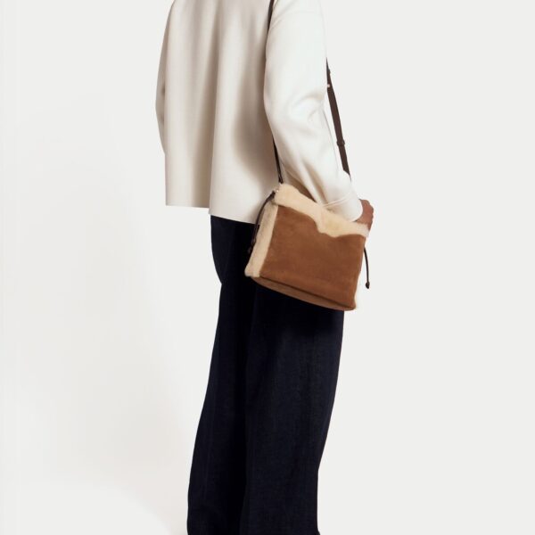 Strathberry Charlotte Midi Drawstring in Tan Suede/shearling, view 7