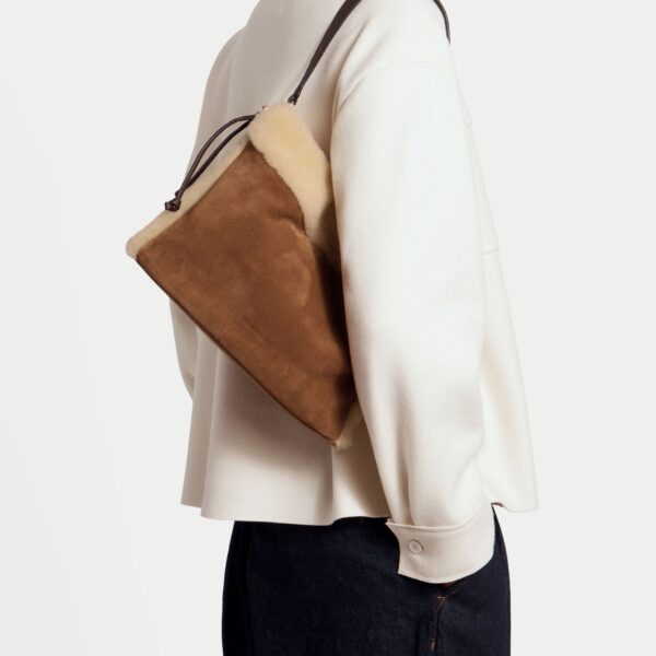 Strathberry Charlotte Midi Drawstring in Tan Suede/shearling, view 8