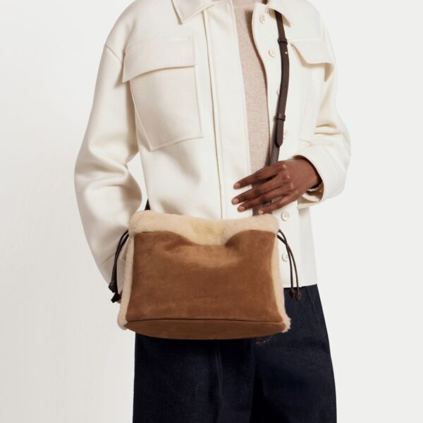 Strathberry Charlotte Midi Drawstring in Tan Suede/shearling, view 9