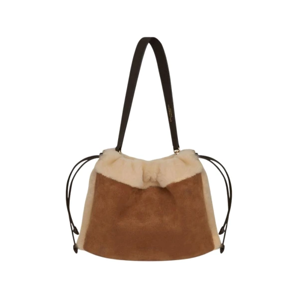Strathberry Charlotte Midi Drawstring in Tan Suede/shearling