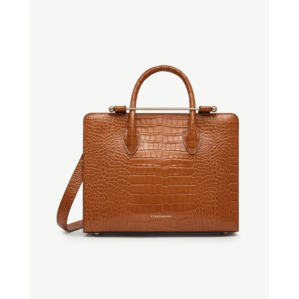 Strathberry Midi Tote in Croc-embossed Leather Tan, view 2
