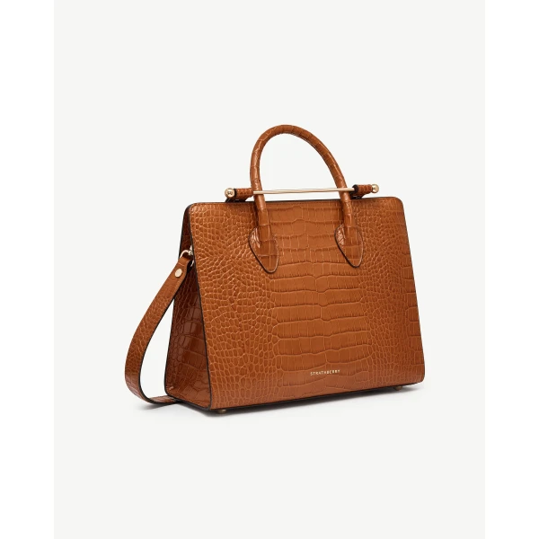 Strathberry Midi Tote in Croc-embossed Leather Tan, view 3