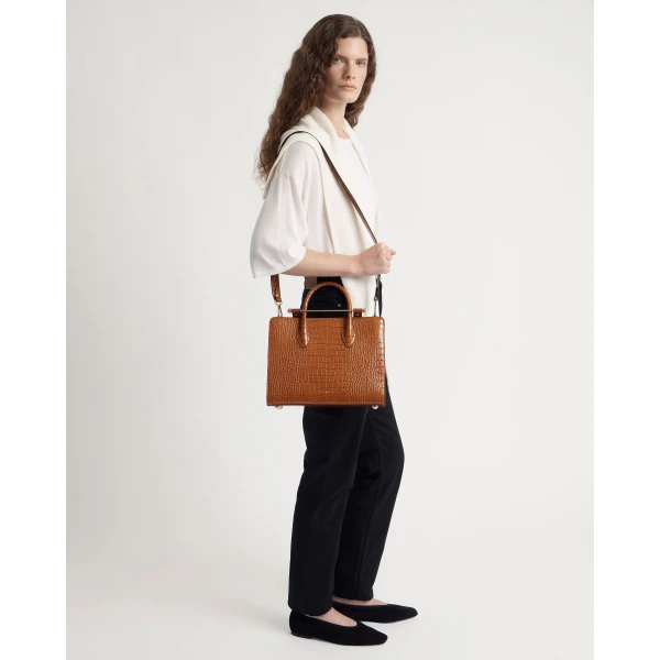 Strathberry Midi Tote in Croc-embossed Leather Tan, view 7