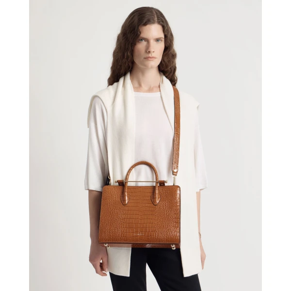 Strathberry Midi Tote in Croc-embossed Leather Tan, view 8