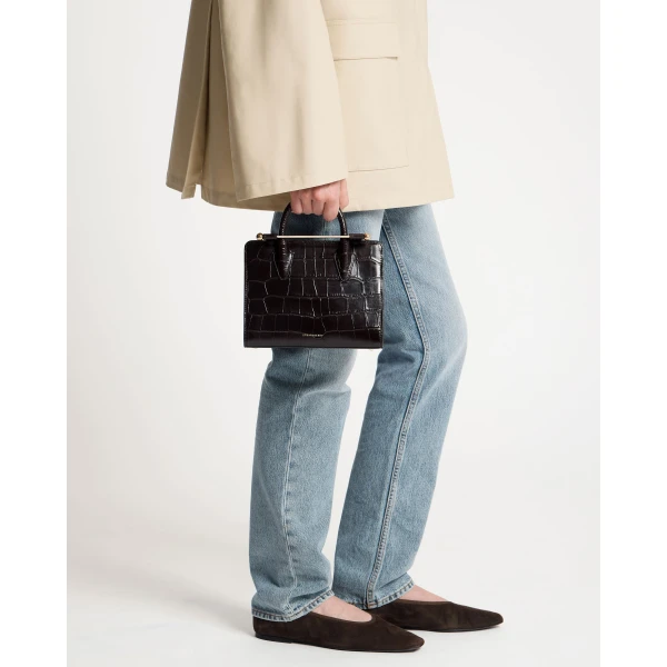 Strathberry Mini Tote in Croc-embossed Leather Mahogany, view 9