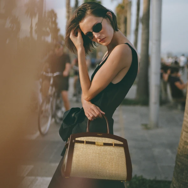 Demellier The Midi Hudson in Warm Raffia Crossbody Bag, view 2