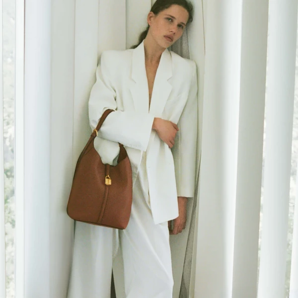 Demellier The Siena Bucket in Tan Bucket Bag, view 2