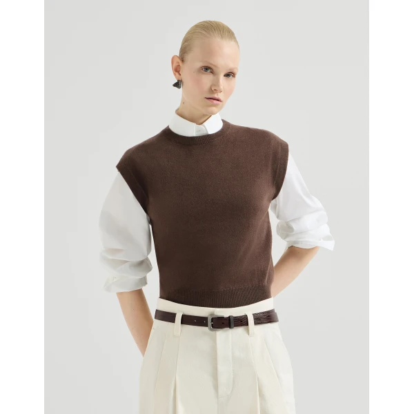 Brunello Cucinelli Cashmere knit T-shirt in Pine Cone Brown, view 2