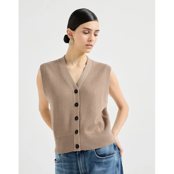 Brunello Cucinelli Cashmere knit vest in Light Brown, view 2