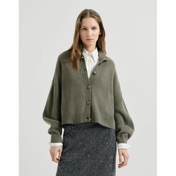 Brunello Cucinelli Cashmere rib cardigan in Origano, view 2