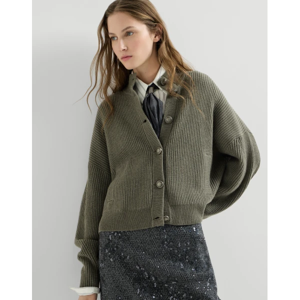 Brunello Cucinelli Cashmere rib cardigan in Origano, view 5