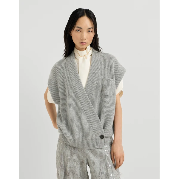 Brunello Cucinelli Cashmere rib wrap cardigan in Grey, view 2