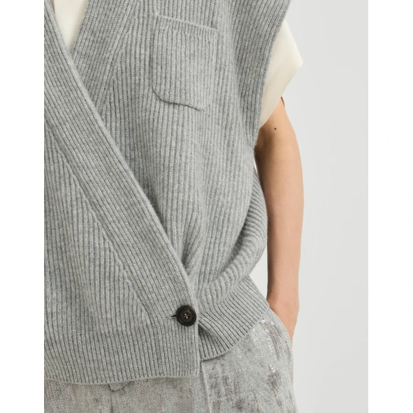 Brunello Cucinelli Cashmere rib wrap cardigan in Grey, view 4