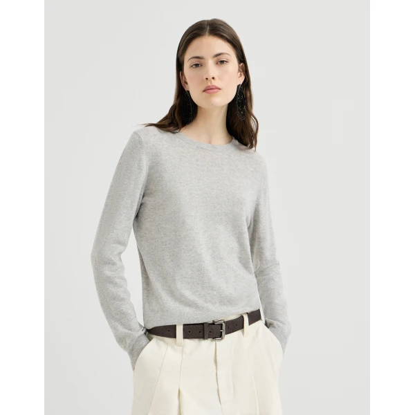 Brunello Cucinelli Cashmere sweater with monili in Light Grey, view 2